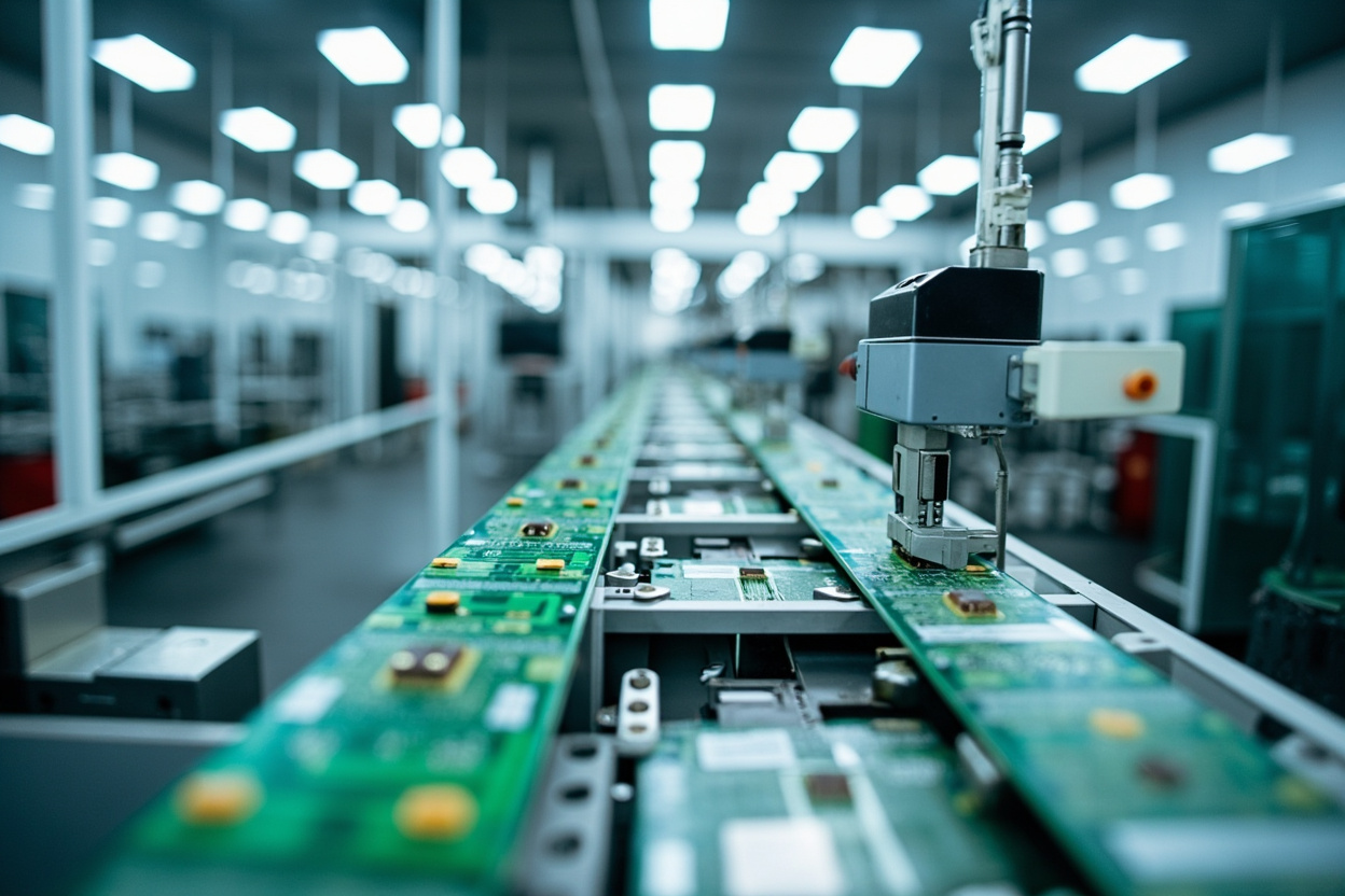 Automated SMT assembly line producing circuit boards in a modern Shenzhen electronics factory