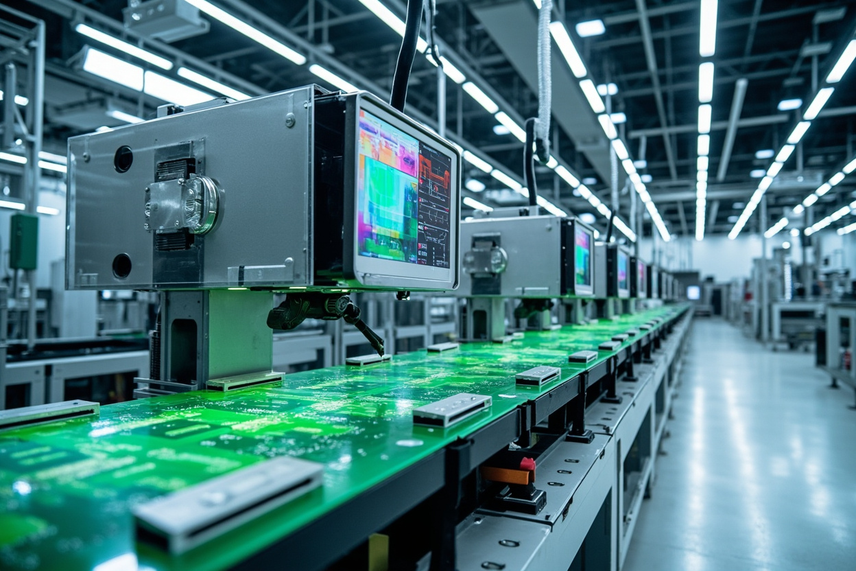 Automated optical inspection (AOI) system checking product quality on a production line in China